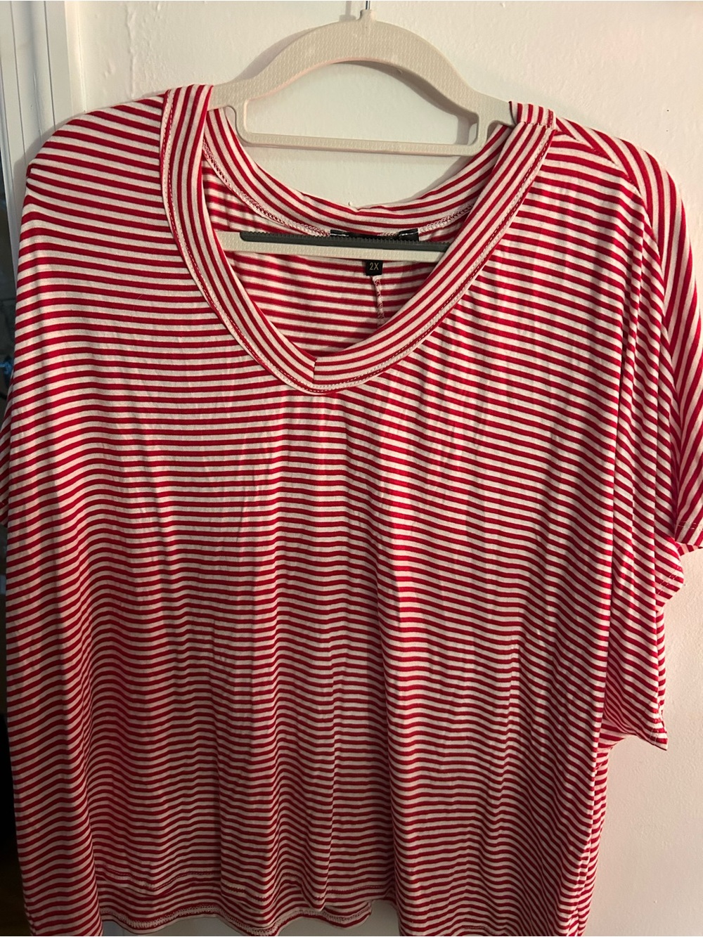 Women’s Red & White Striped V-Neck Blouse